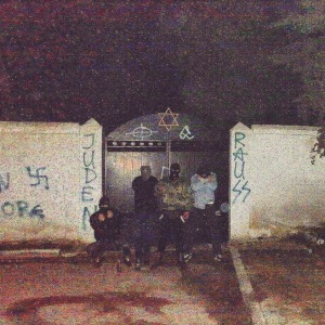 Commemorative photo of desecration of Jewish cemetery in Larissa so
